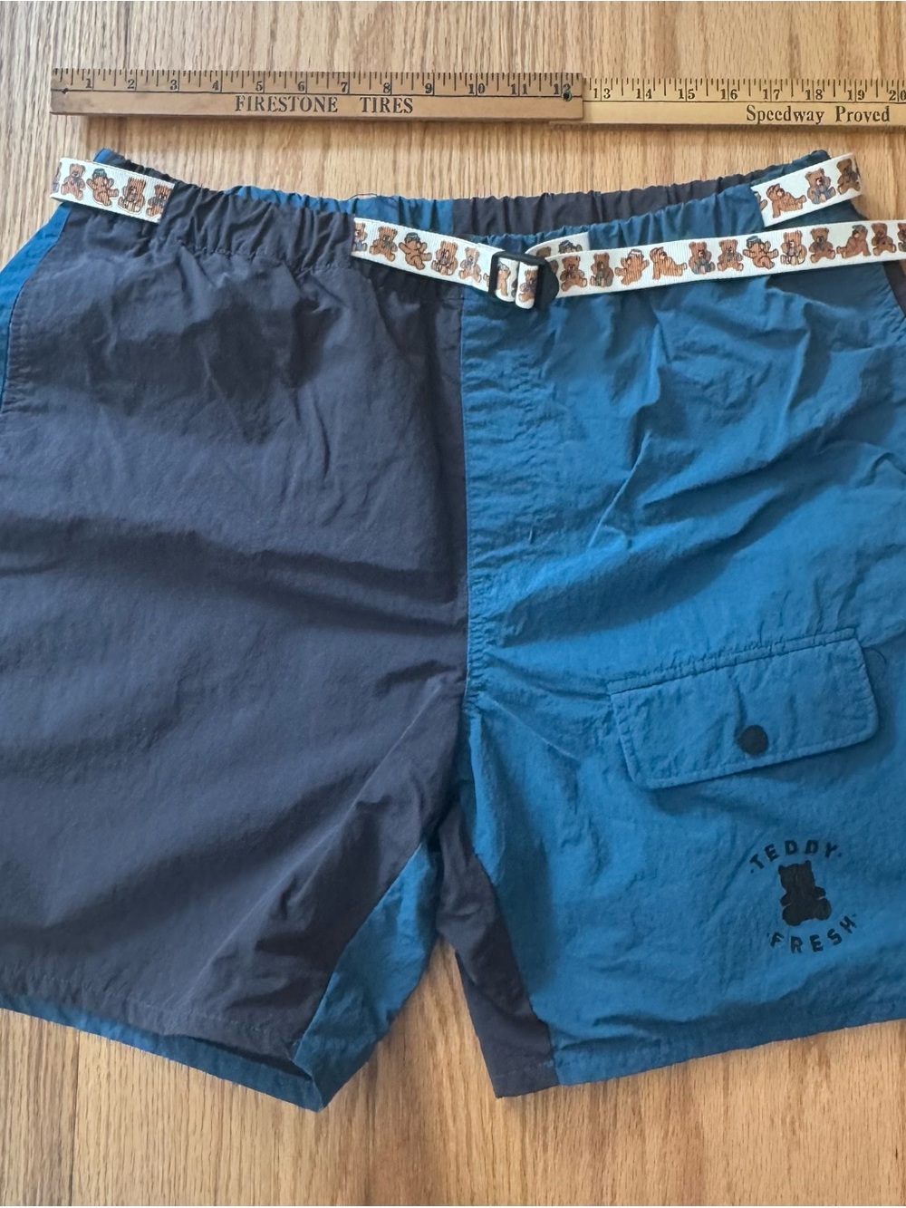 Teddy Fresh Color Block Nylon Belted Shorts Blue Charcoal Men's Size 2XL XXL